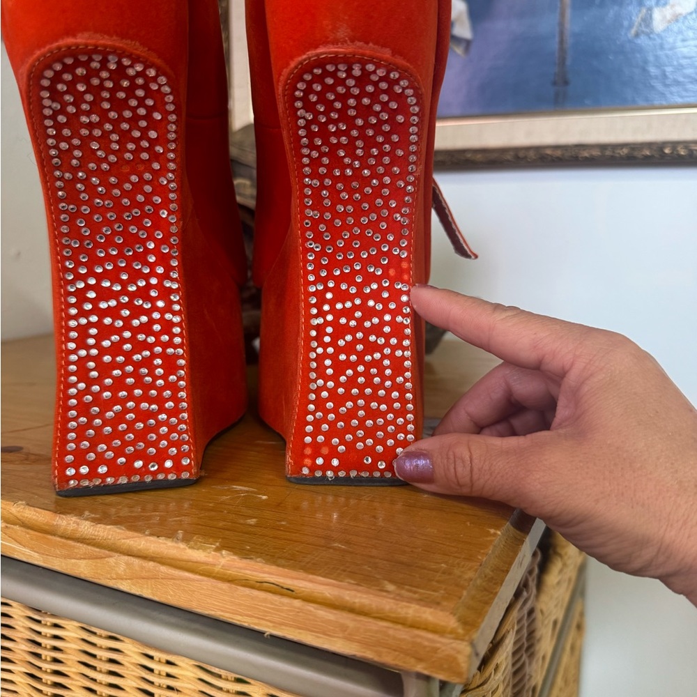 Bumper Orange Studded Heeled Boots. Awesome for a costume